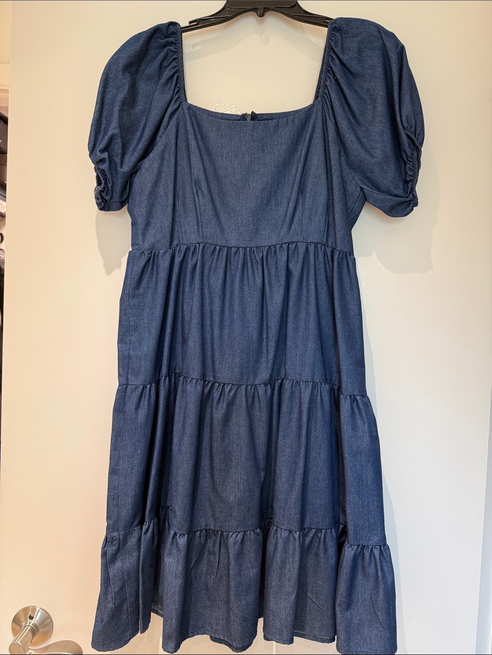 Soft Denim Tiered Puff-Sleeve Dress - Navy Blue